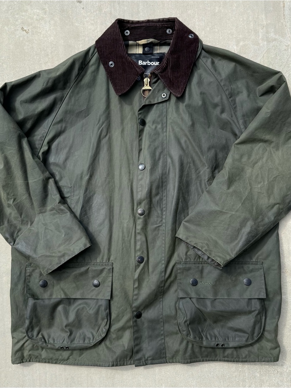 Barbour Beaufort Dark Olive Waxed Cotton Raincoat with Brown Cord Collar